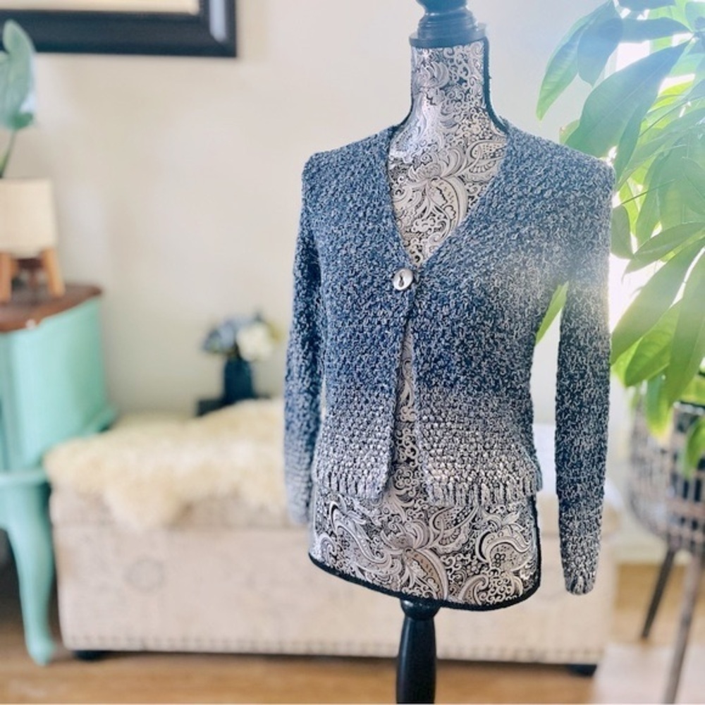🏷️ 4/$25 Coldwater Creek Metallic Drop Stitch Crochet Knit Cardigan Sweater